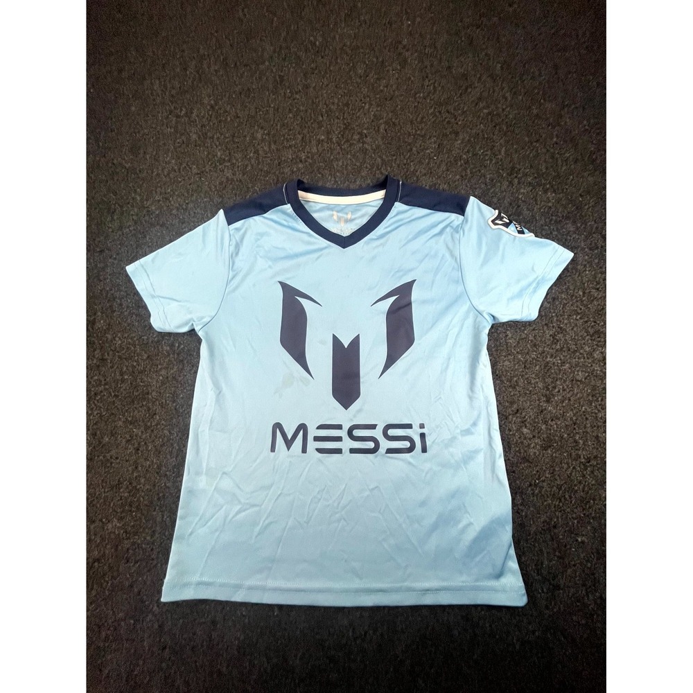 Messi Collection Soccer Jersey Youth Medium Blue Chest Logo Short Sleeve V Neck